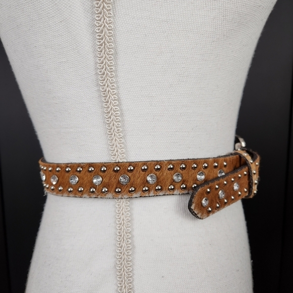 Leather Belt With Cow Hair, Rhinestones & Studs Size 26 - Picture 3 of 8